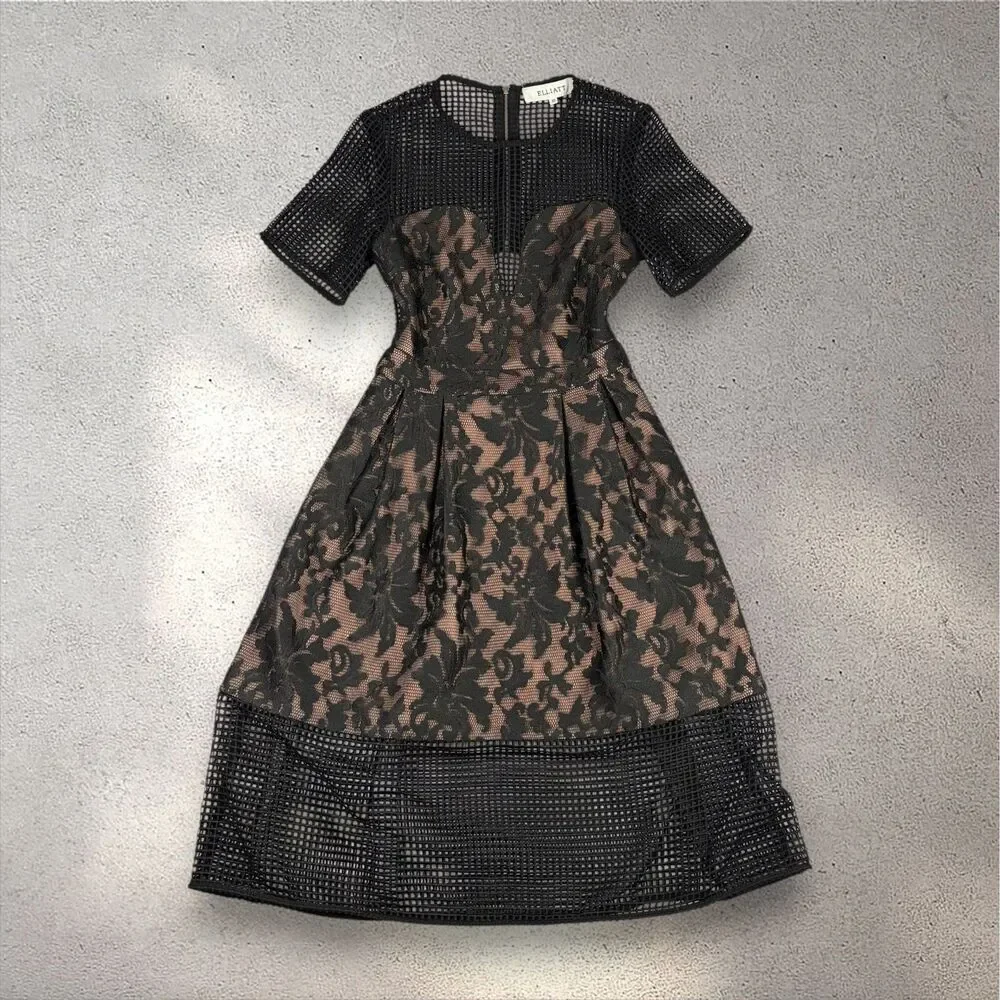 ELLIATT Velosity Midi Cocktail Dress Women's XS Black Neutral Lace Mesh Evening - Picture 3 of 11
